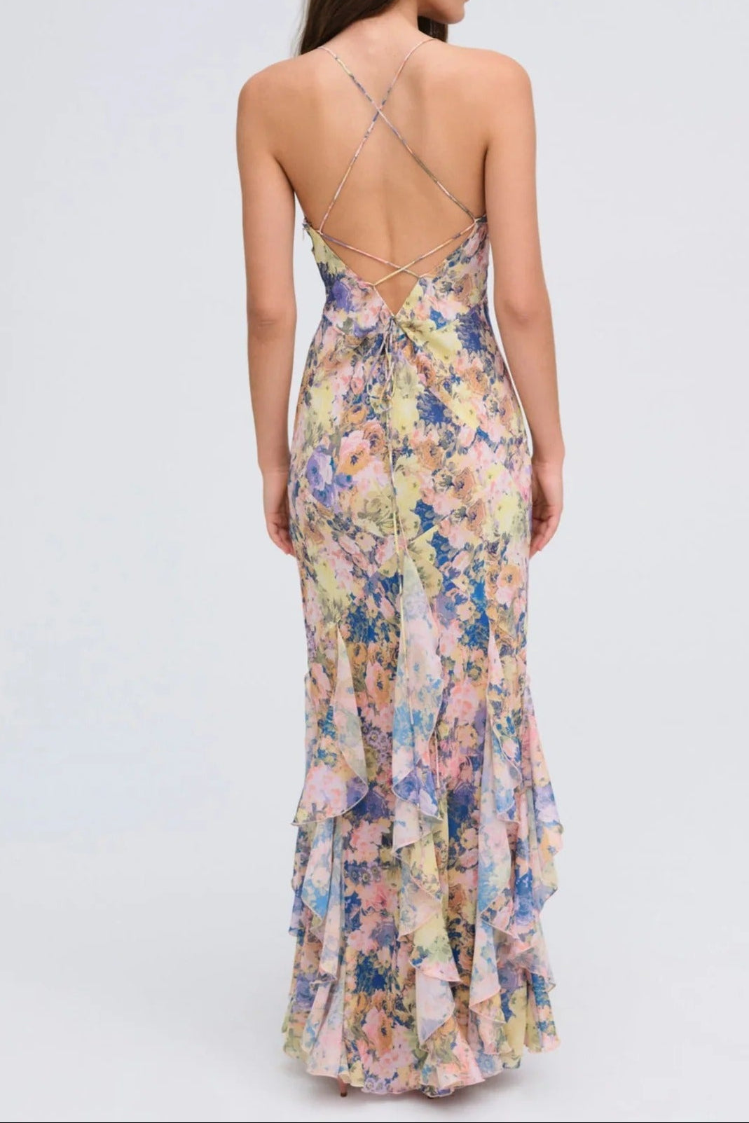 rebecca Floral print ruffle backless maxi dress - blue