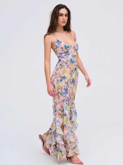 rebecca Floral print ruffle backless maxi dress - blue