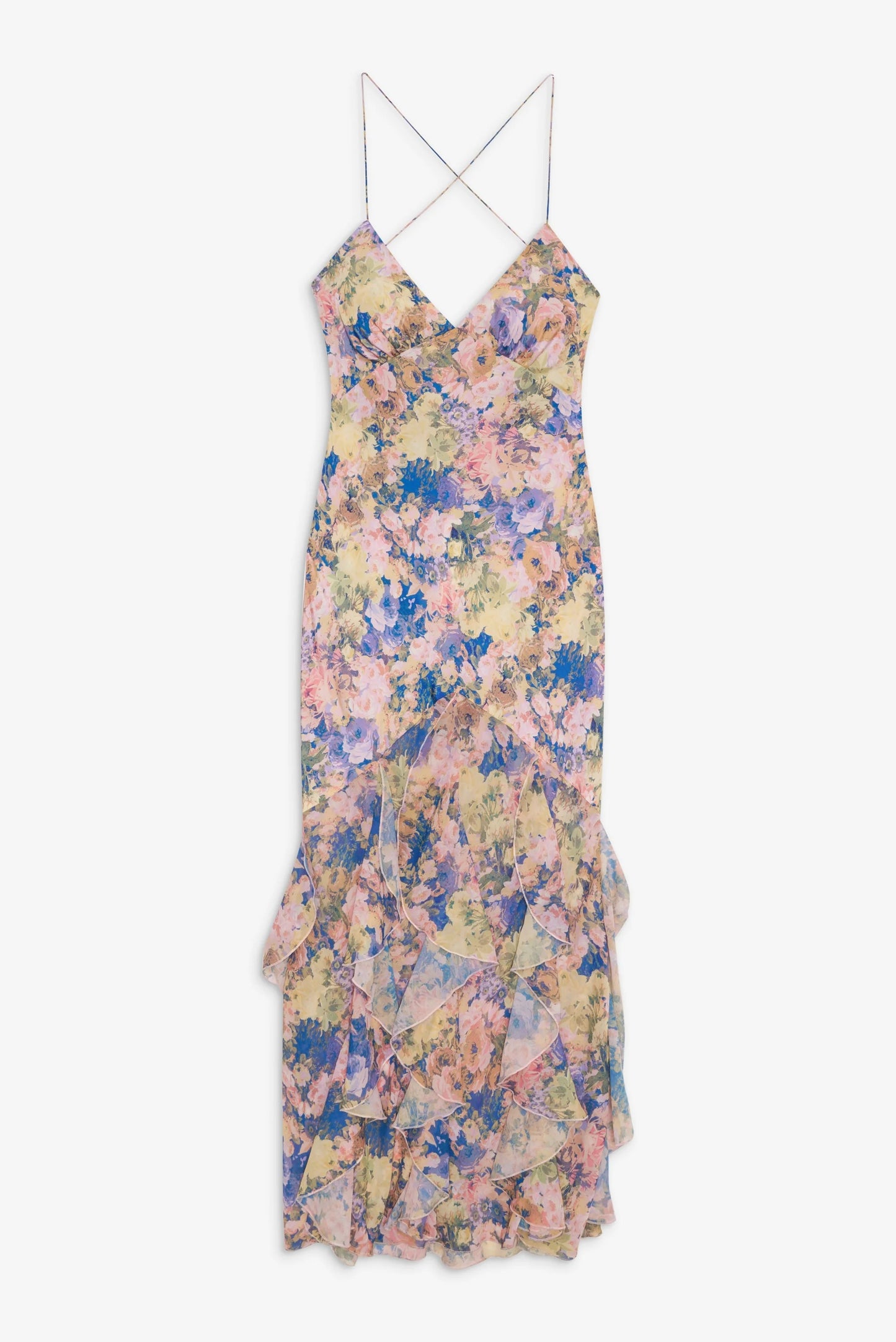 rebecca Floral print ruffle backless maxi dress - blue