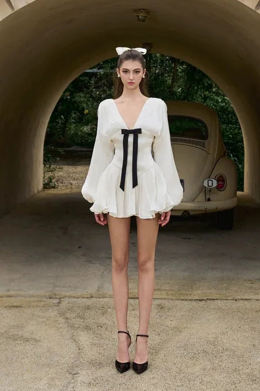 V-Neck Balloon Sleeve Mini Dress with Black Ribbon Detail Premium Fabric - product view 4