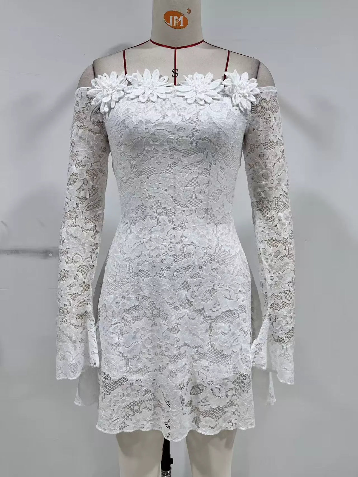 White Lace Off-Shoulder Mini Dress with Floral Appliqué Premium Fabric - product view 1