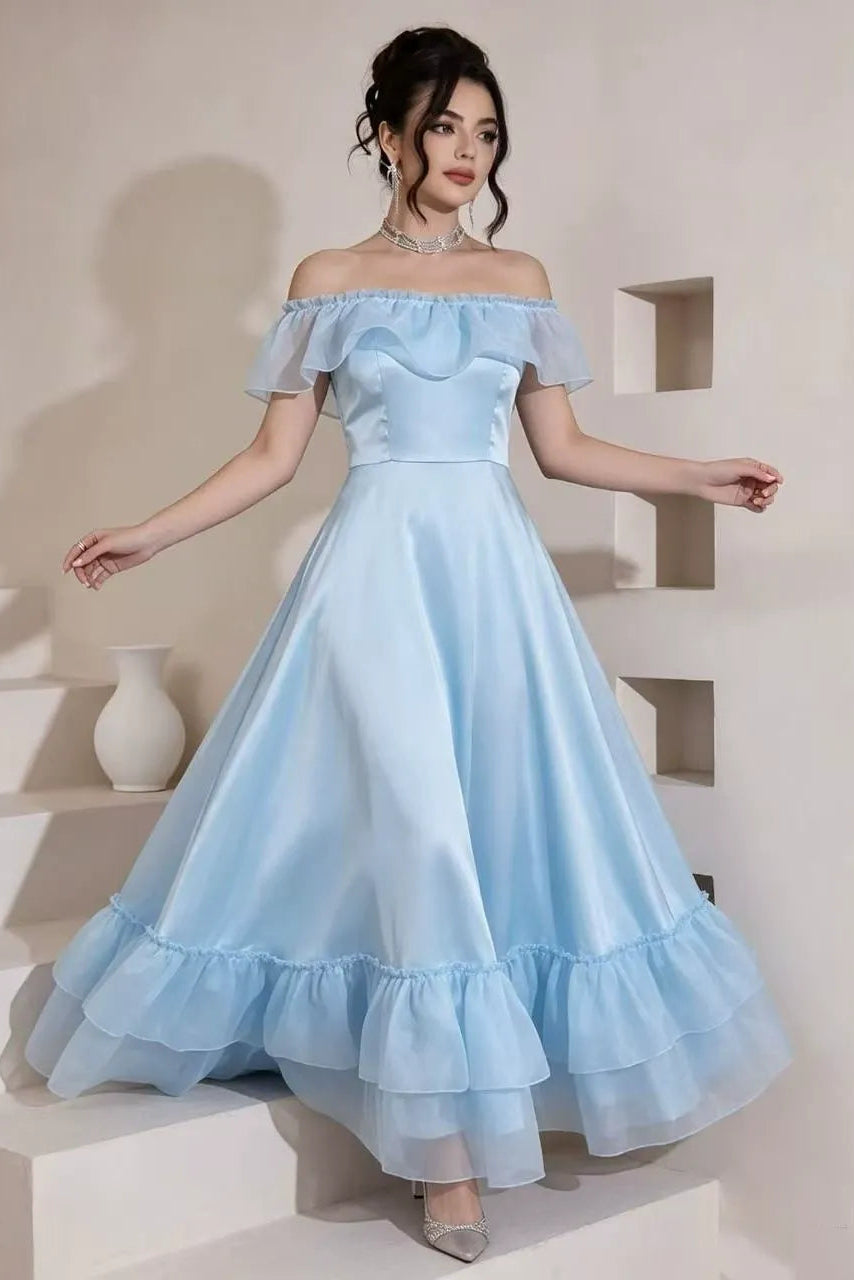 Sky Blue Off-The-Shoulder Ruffle Tiered Ball Gown Premium Fabric - product view 1