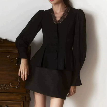 Black Lace Trim Peplum Blazer and Mini Skirt Set Premium Fabric - product view 4