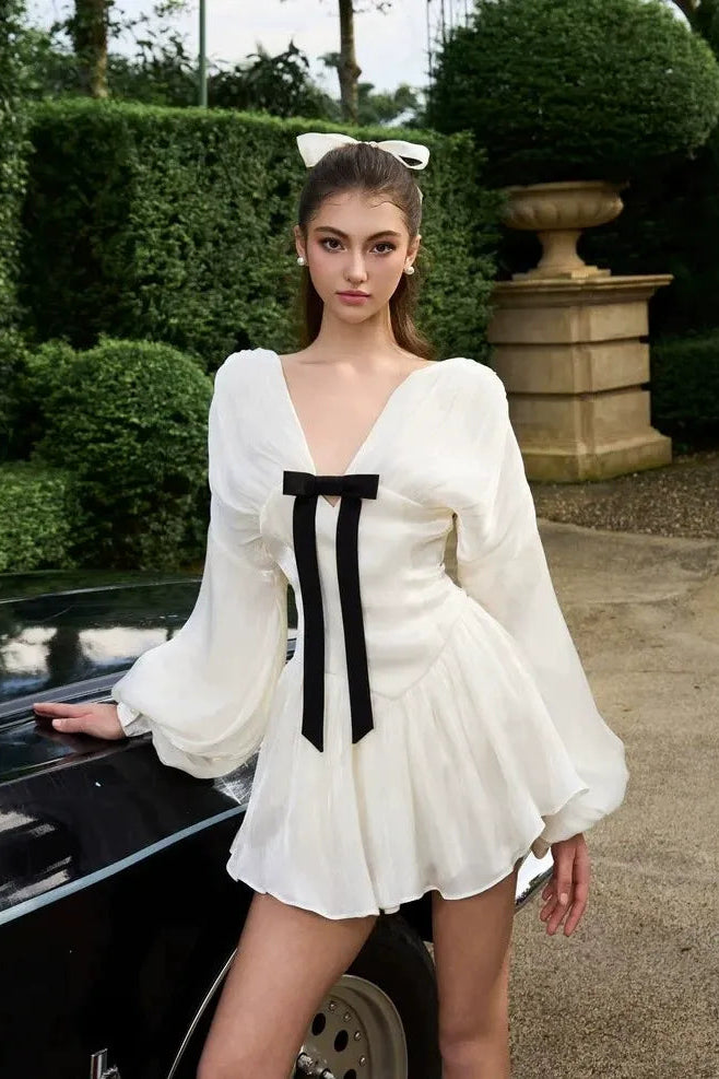 V-Neck Balloon Sleeve Mini Dress with Black Ribbon Detail Premium Fabric - product view 3