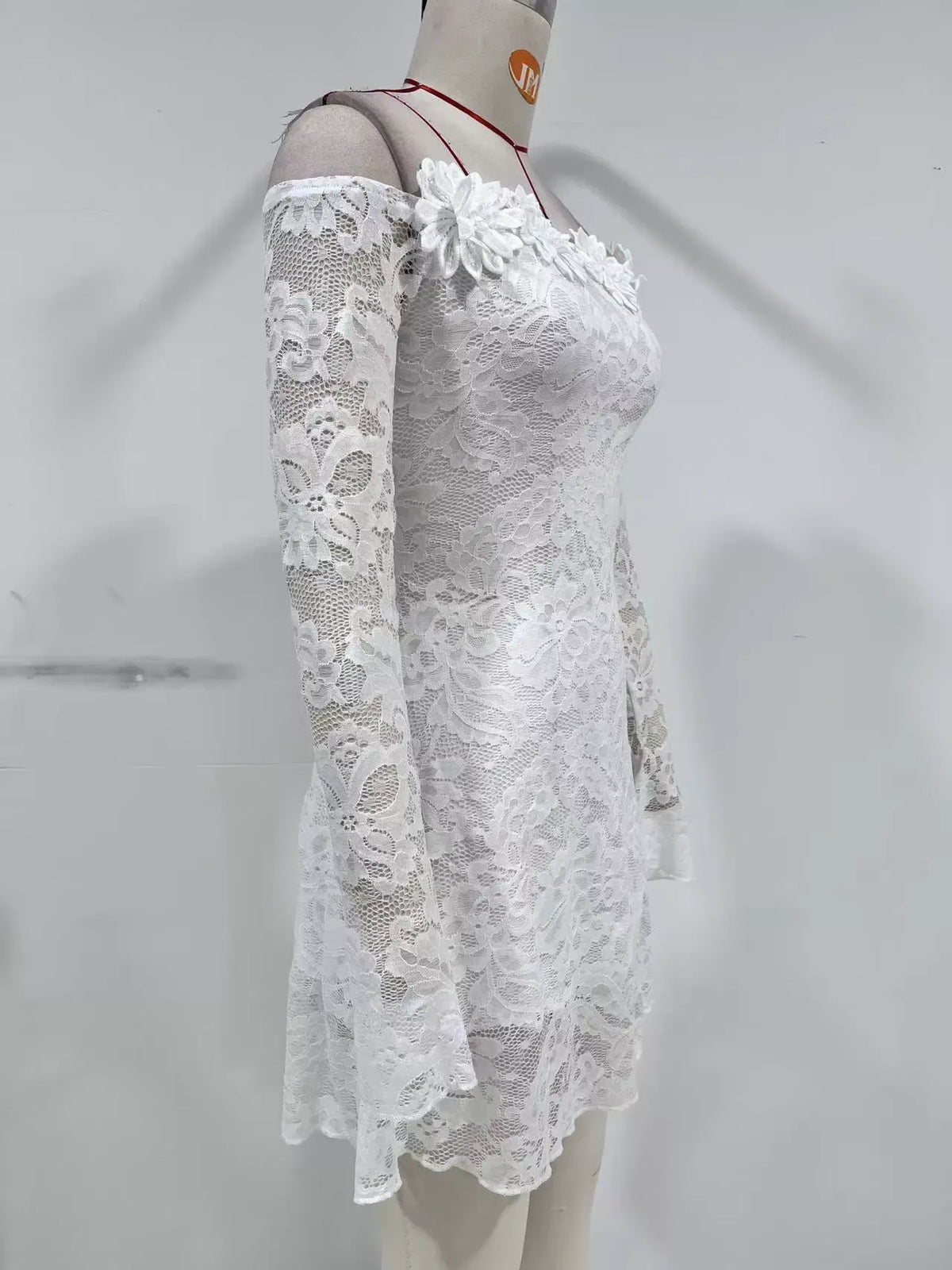 White Lace Off-Shoulder Mini Dress with Floral Appliqué Premium Fabric - product view 5