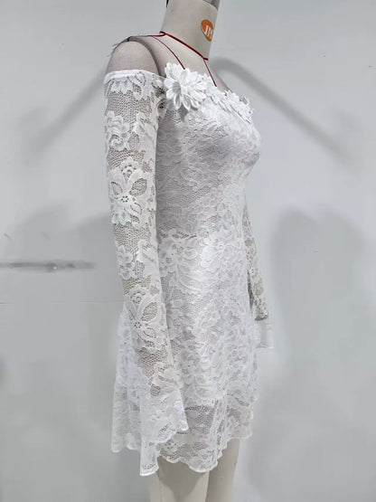 White Lace Off-Shoulder Mini Dress with Floral Appliqué Premium Fabric - product view 5