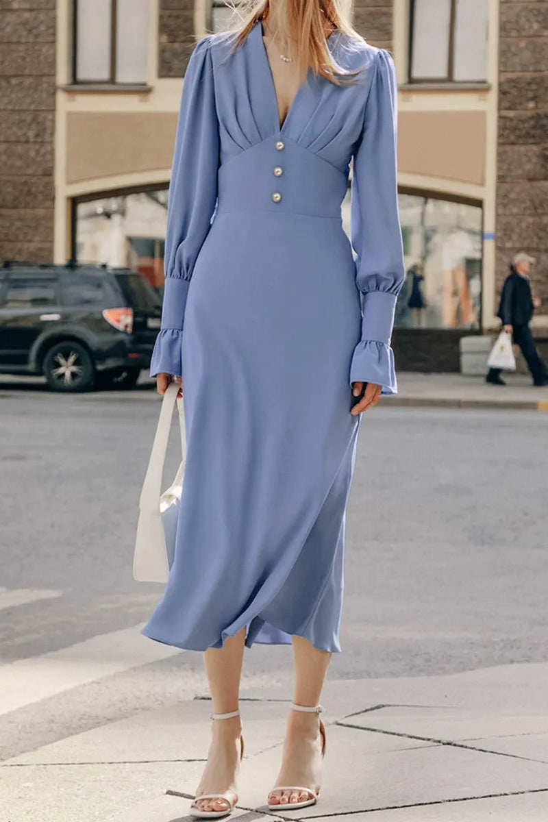 Style Blue Lantern Sleeve Midi Dress Premium Fabric - product view 2