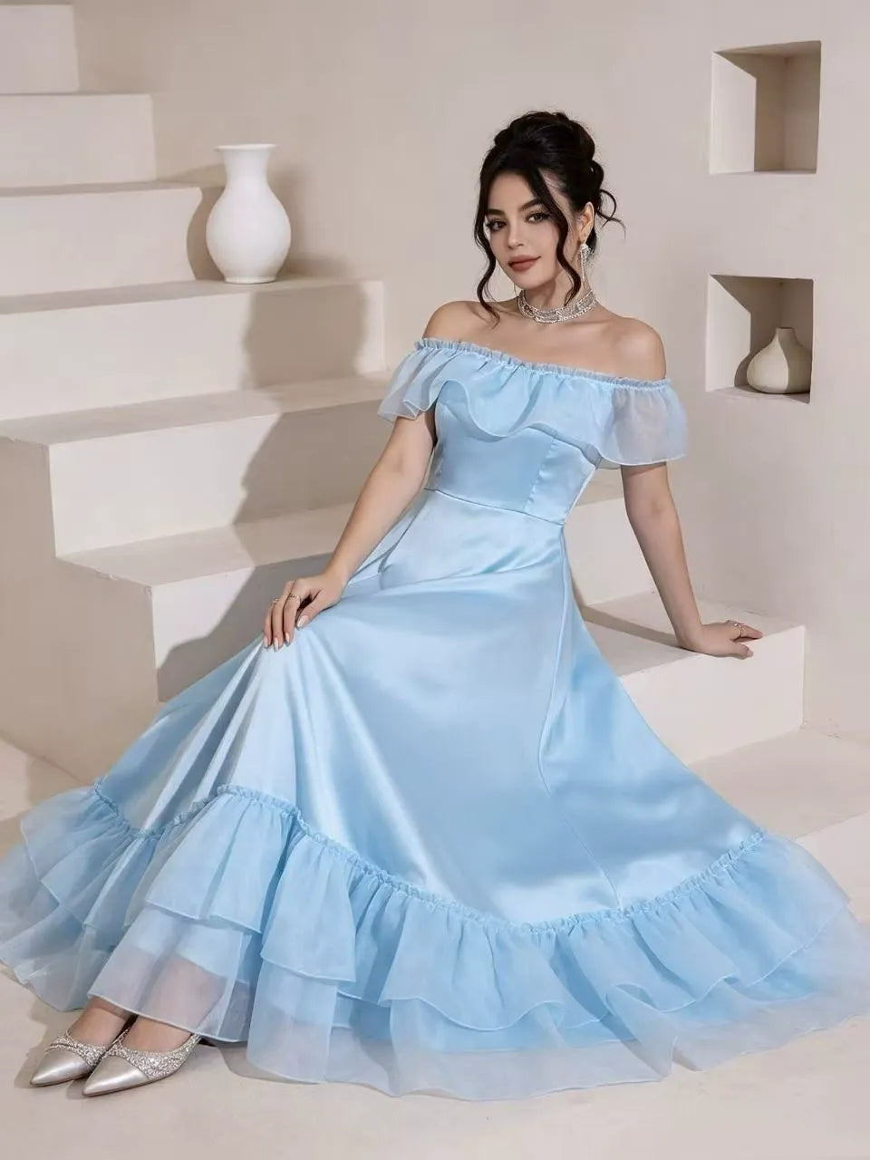Sky Blue Off-The-Shoulder Ruffle Tiered Ball Gown Premium Fabric - product view 4