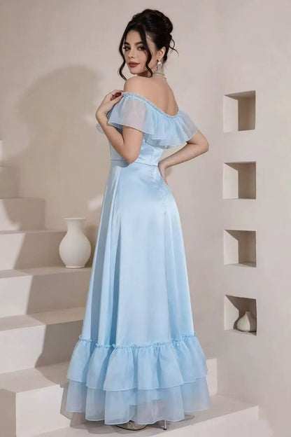 Sky Blue Off-The-Shoulder Ruffle Tiered Ball Gown Premium Fabric - product view 3