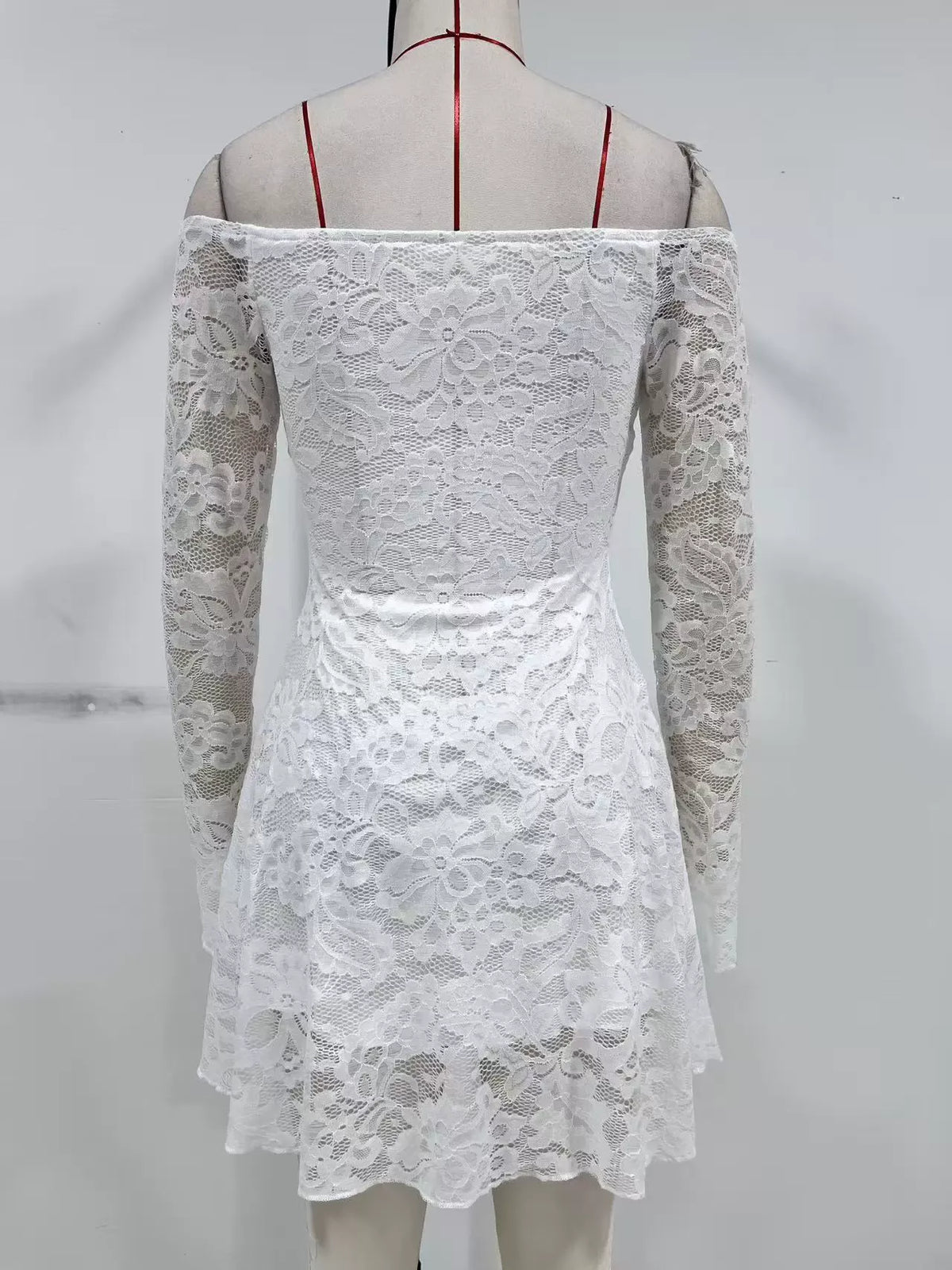 White Lace Off-Shoulder Mini Dress with Floral Appliqué Premium Fabric - product view 4