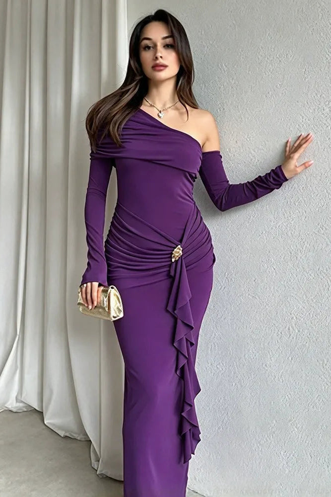 Purple Asymmetrical One-Shoulder Maxi Dress with Ruched Side Detail Premium Fabric - product view 1
