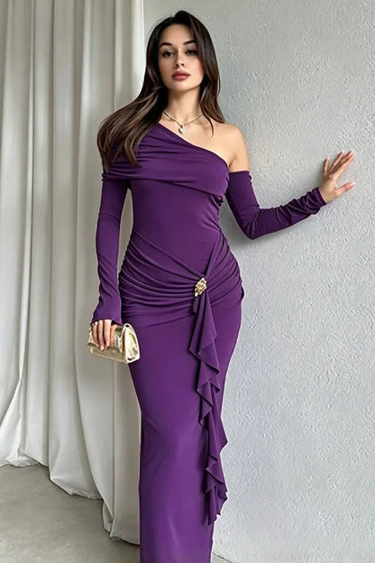 Purple Asymmetrical One-Shoulder Maxi Dress with Ruched Side Detail Premium Fabric - product view 1