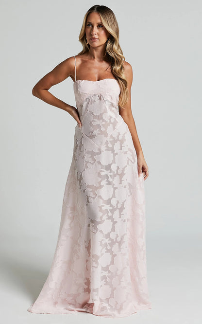 Sheer Jacquard Maxi Dress in Pink