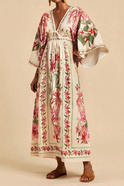 Bohemian Print V-Neck Maxi Dress - pink