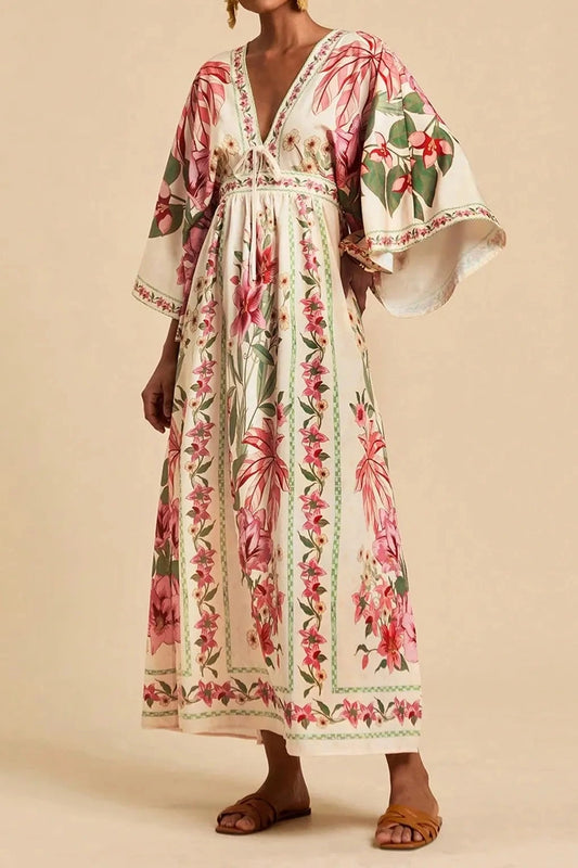 Bohemian Print V-Neck Maxi Dress - pink