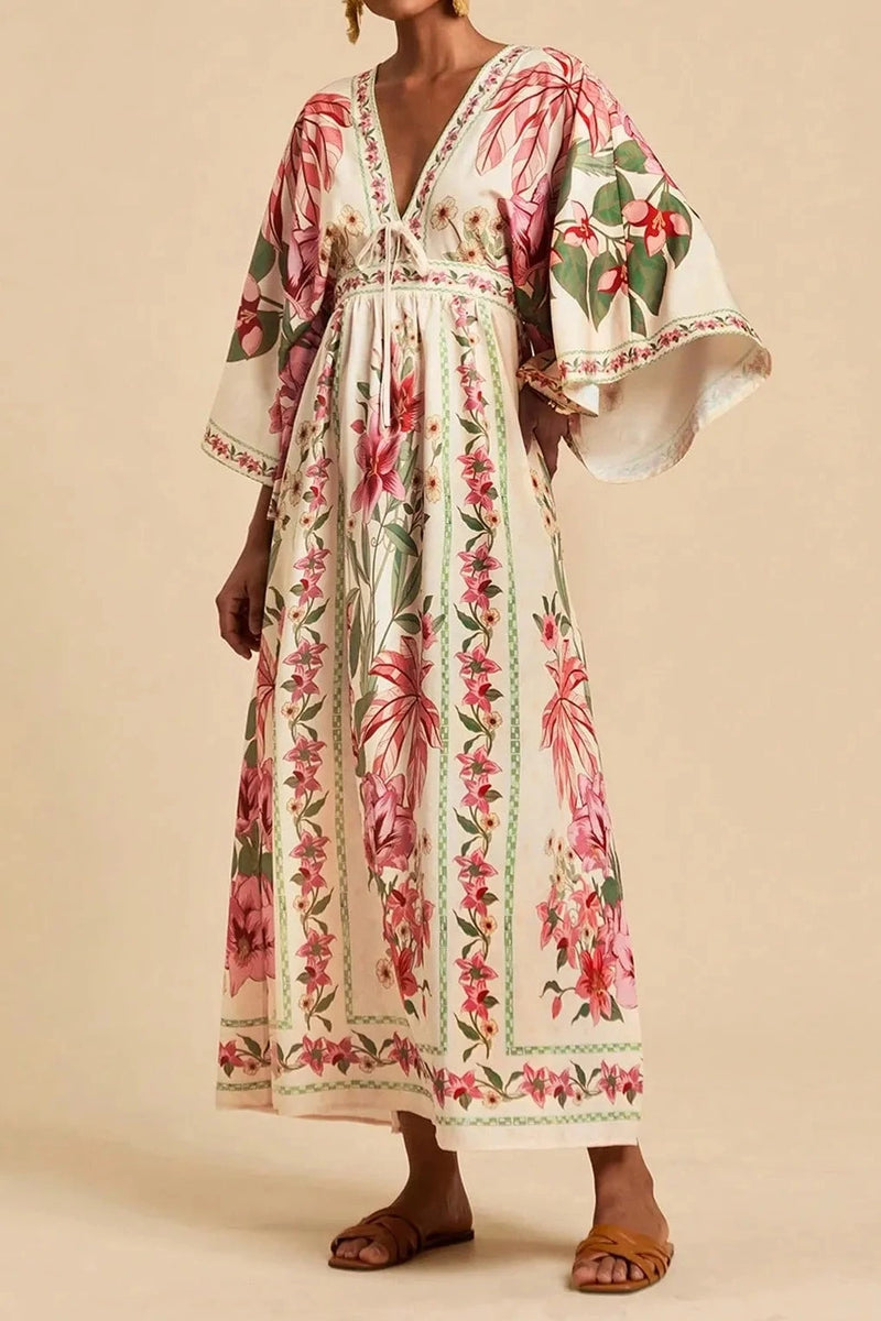 Bohemian Print V-Neck Maxi Dress - pink