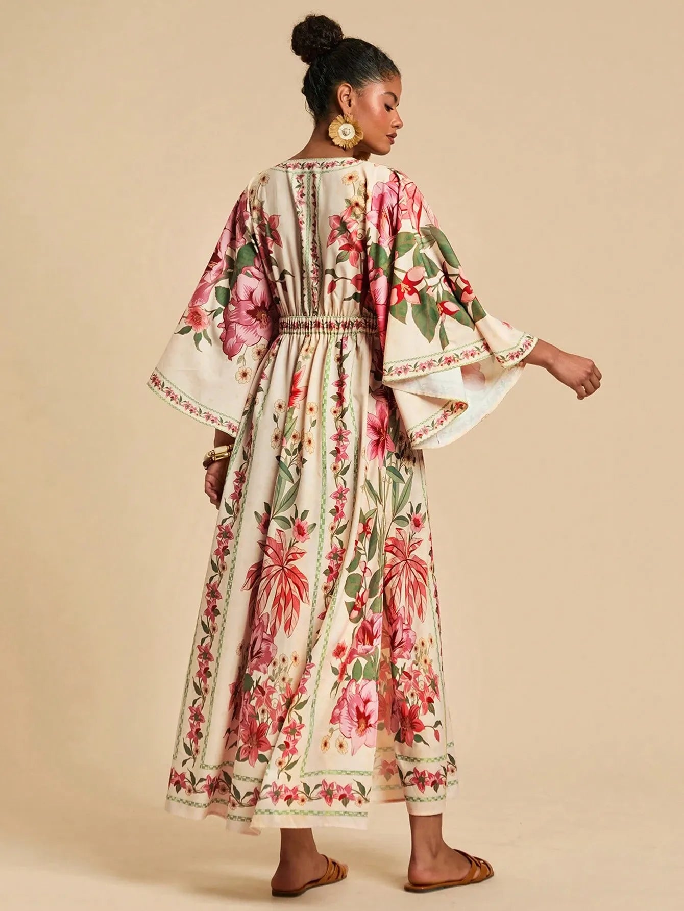 Bohemian Print V-Neck Maxi Dress - pink