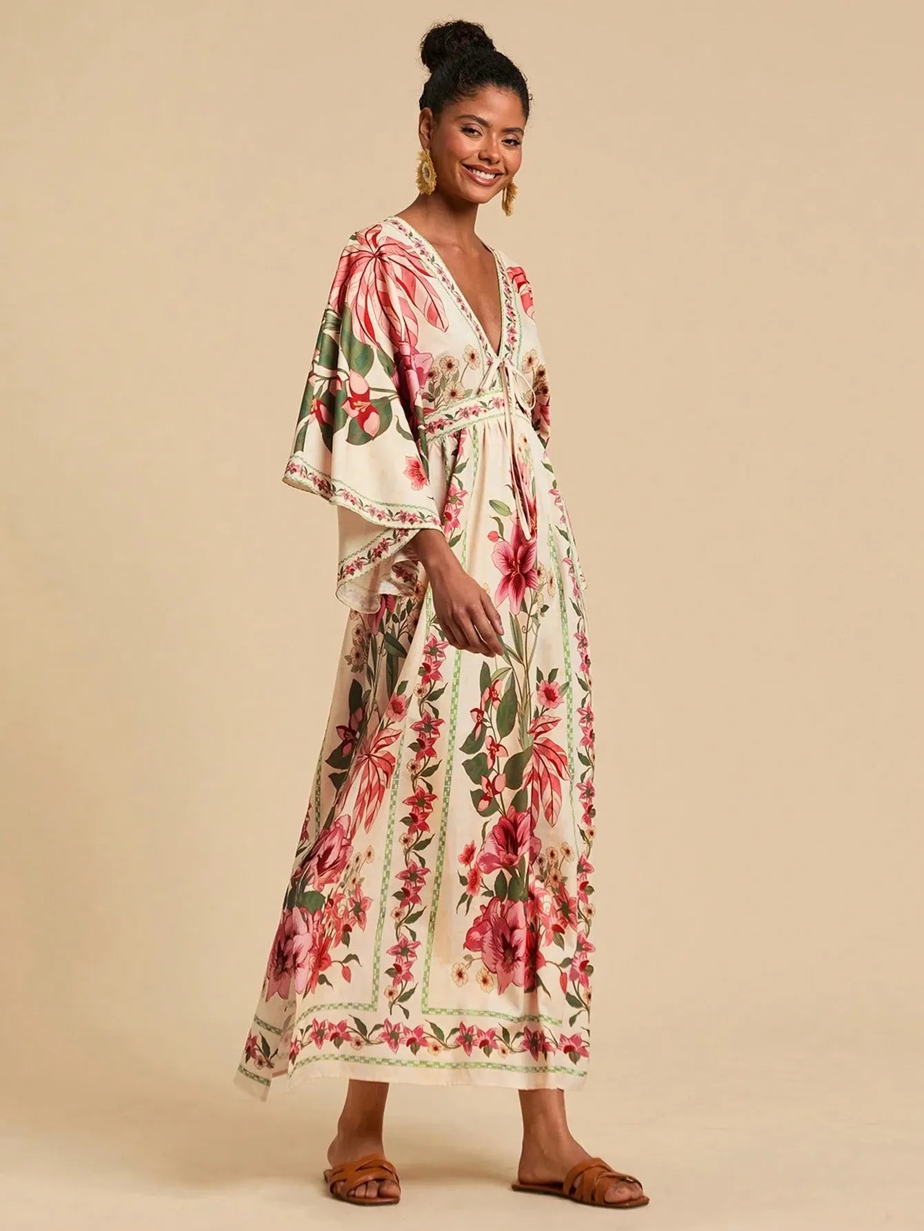 Bohemian Print V-Neck Maxi Dress - pink