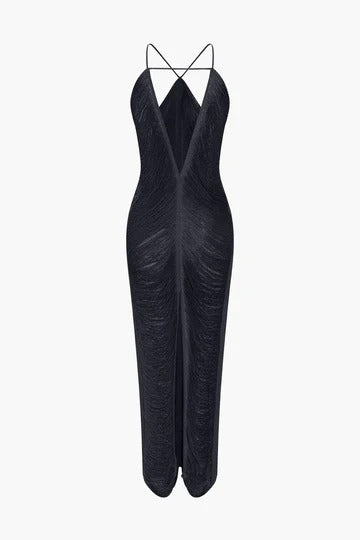 tassel rear slit halterneck dress
