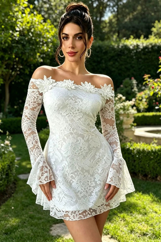 White Lace Off-Shoulder Mini Dress with Floral Appliqué Premium Fabric - product view 3