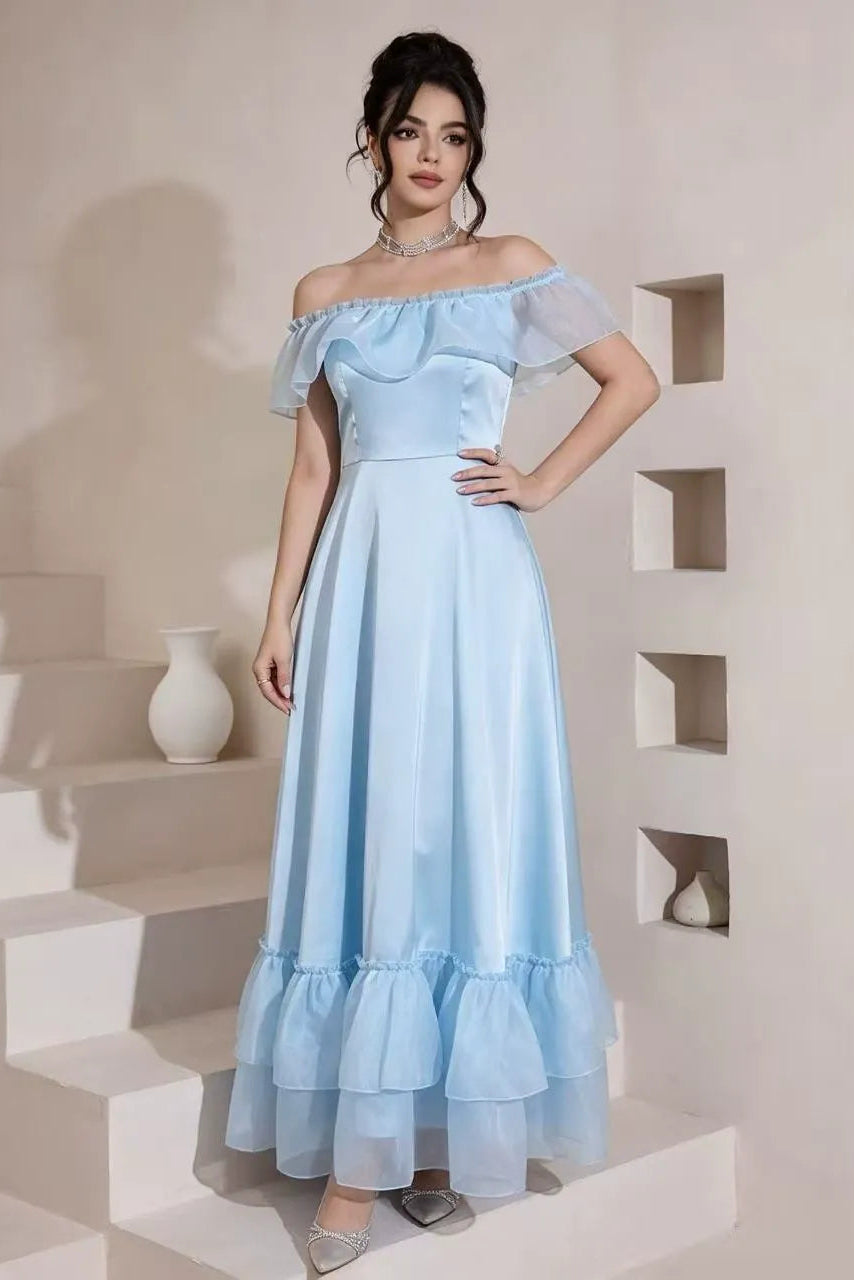 Sky Blue Off-The-Shoulder Ruffle Tiered Ball Gown Premium Fabric - product view 2