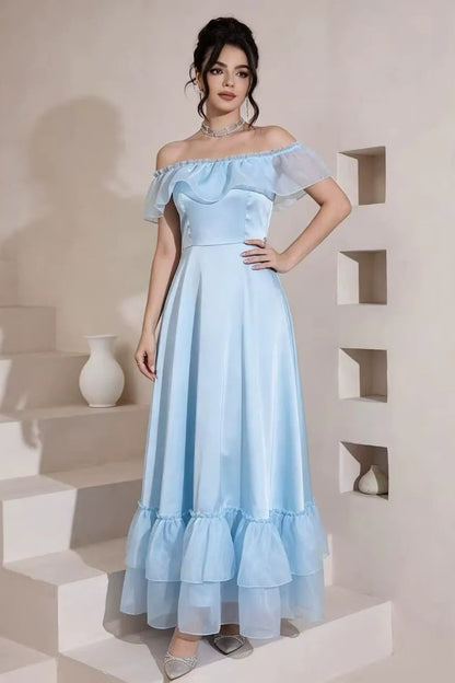 Sky Blue Off-The-Shoulder Ruffle Tiered Ball Gown Premium Fabric - product view 2