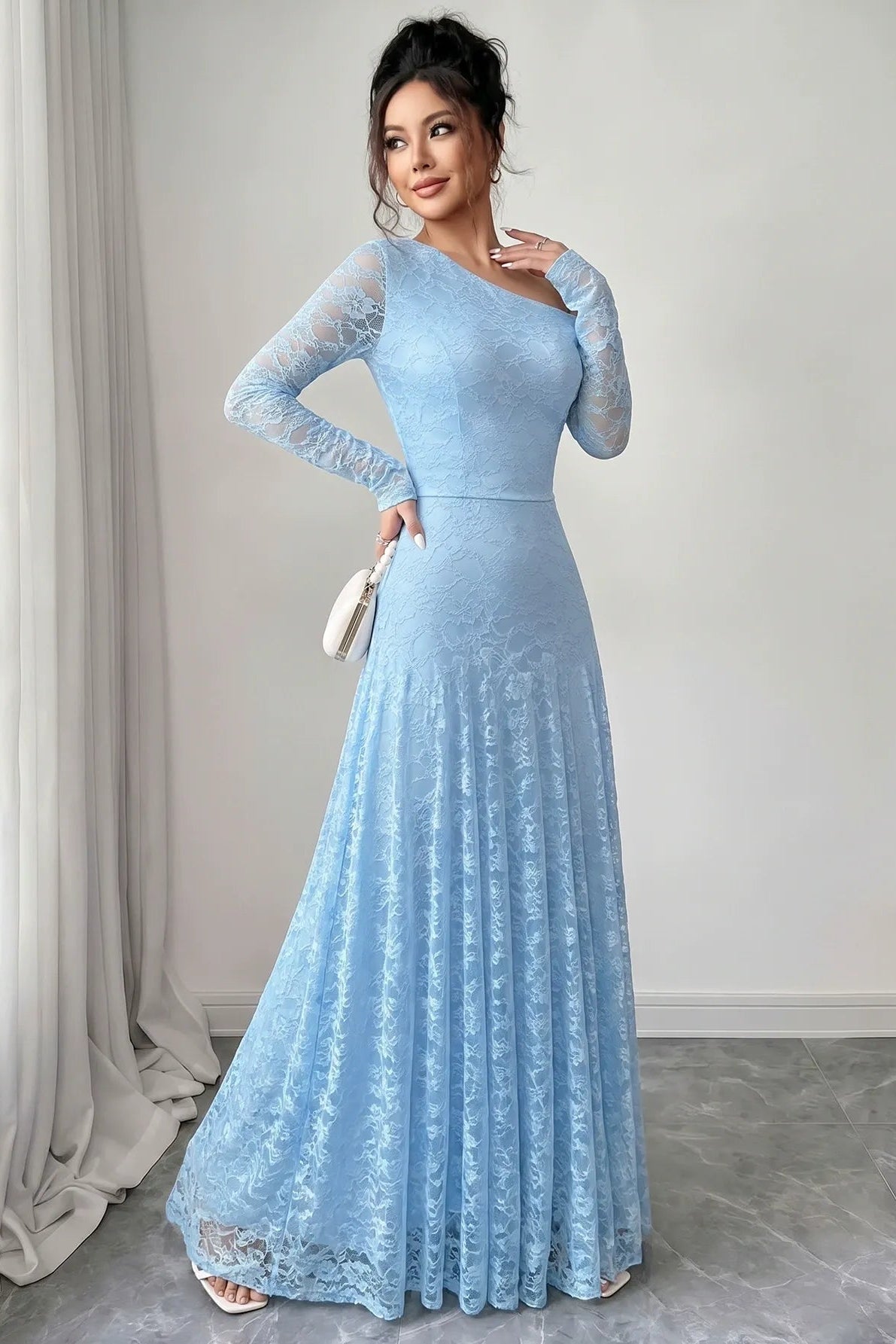 Light Blue Lace One-Shoulder Maxi Dress Premium Fabric - product view 1