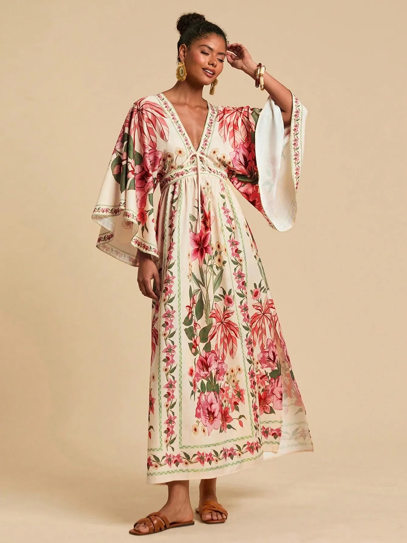 Bohemian Print V-Neck Maxi Dress - pink