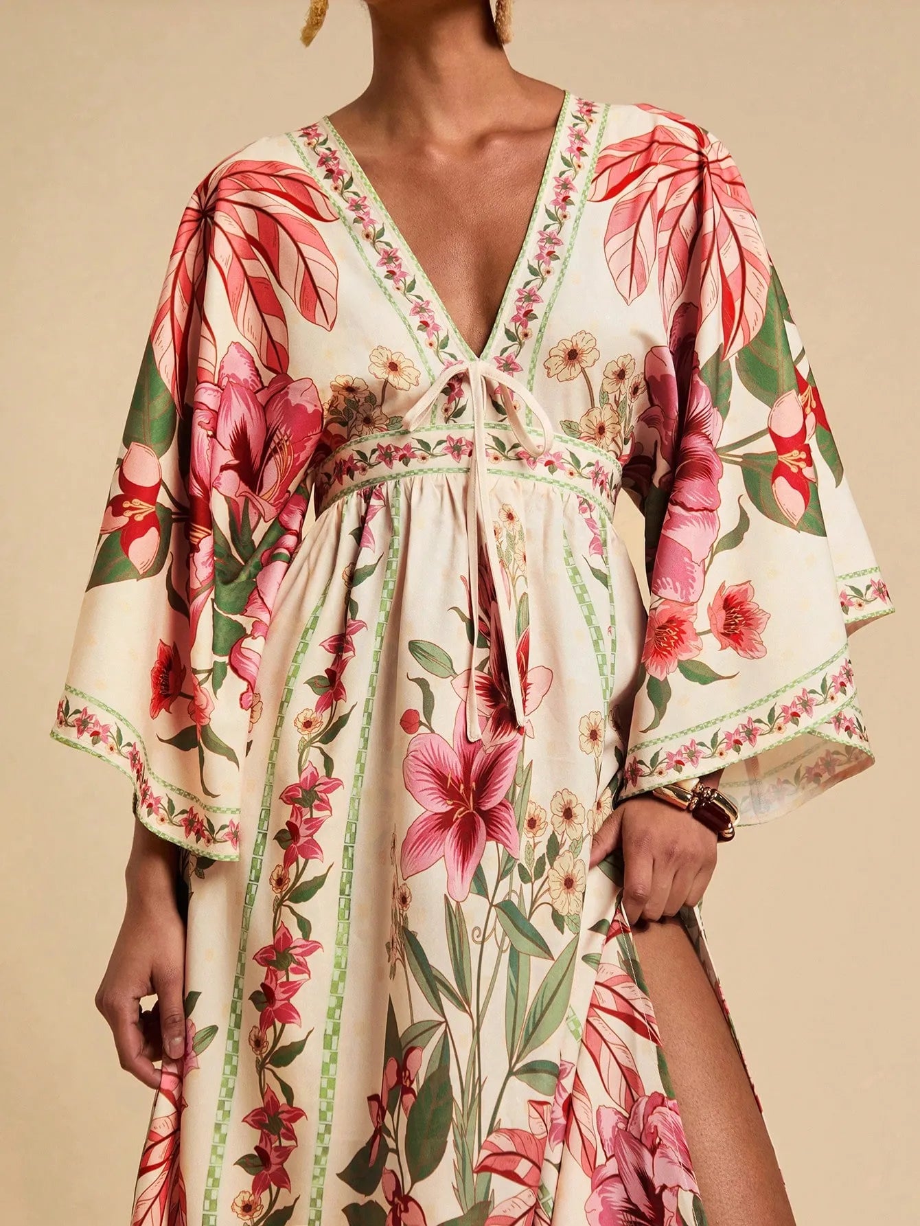Bohemian Print V-Neck Maxi Dress - pink
