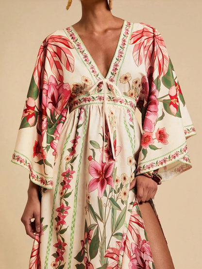 Bohemian Print V-Neck Maxi Dress - pink