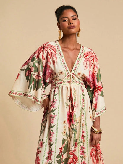 Bohemian Print V-Neck Maxi Dress - pink