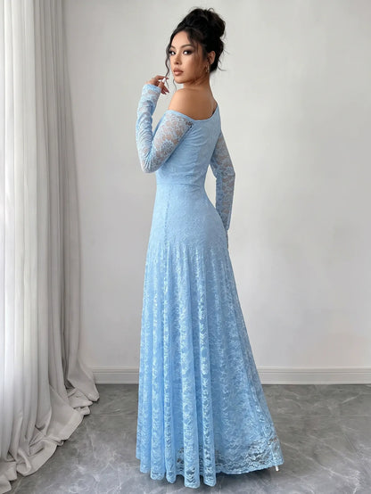 Light Blue Lace One-Shoulder Maxi Dress Premium Fabric - product view 4