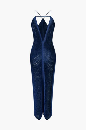 tassel rear slit halterneck dress