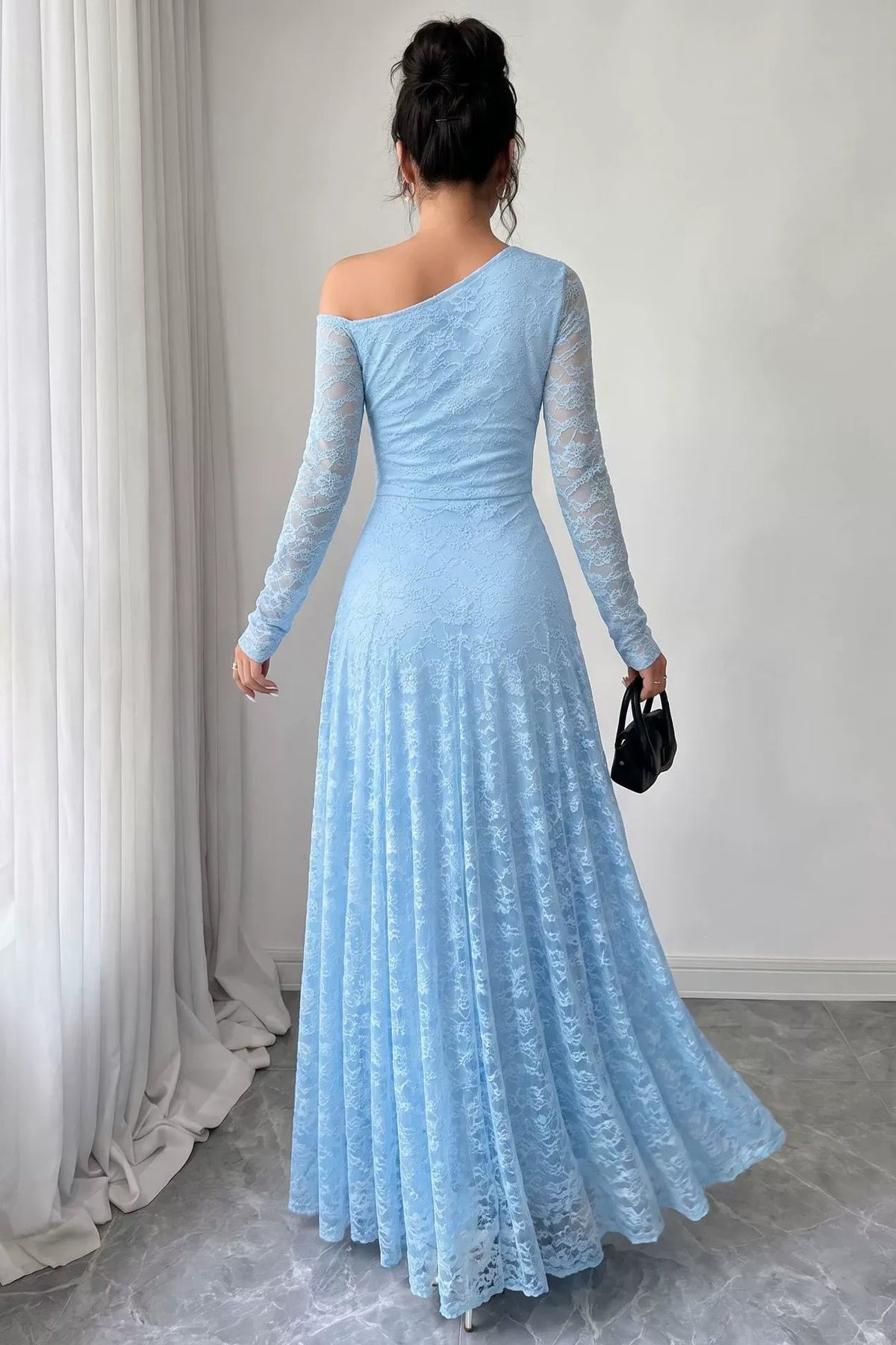 Light Blue Lace One-Shoulder Maxi Dress Premium Fabric - product view 3