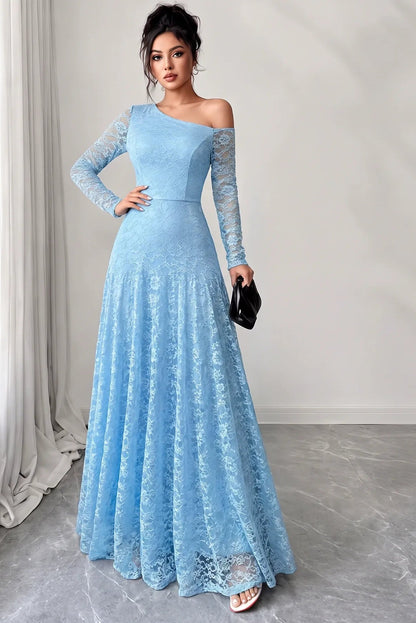 Light Blue Lace One-Shoulder Maxi Dress Premium Fabric - product view 2