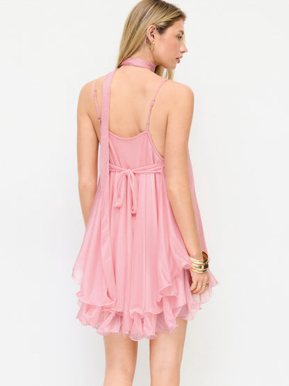 Pink Sequin V-Neck Halter Ruffled Hem Oversized Mini Dress With Scarf