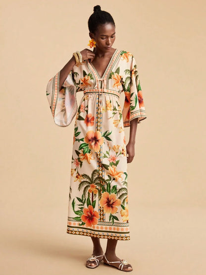 Bohemian Print V-Neck Maxi Dress - orange