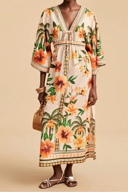Bohemian Print V-Neck Maxi Dress - orange