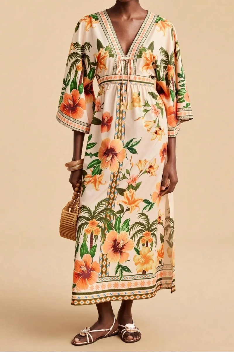 Bohemian Print V-Neck Maxi Dress - orange
