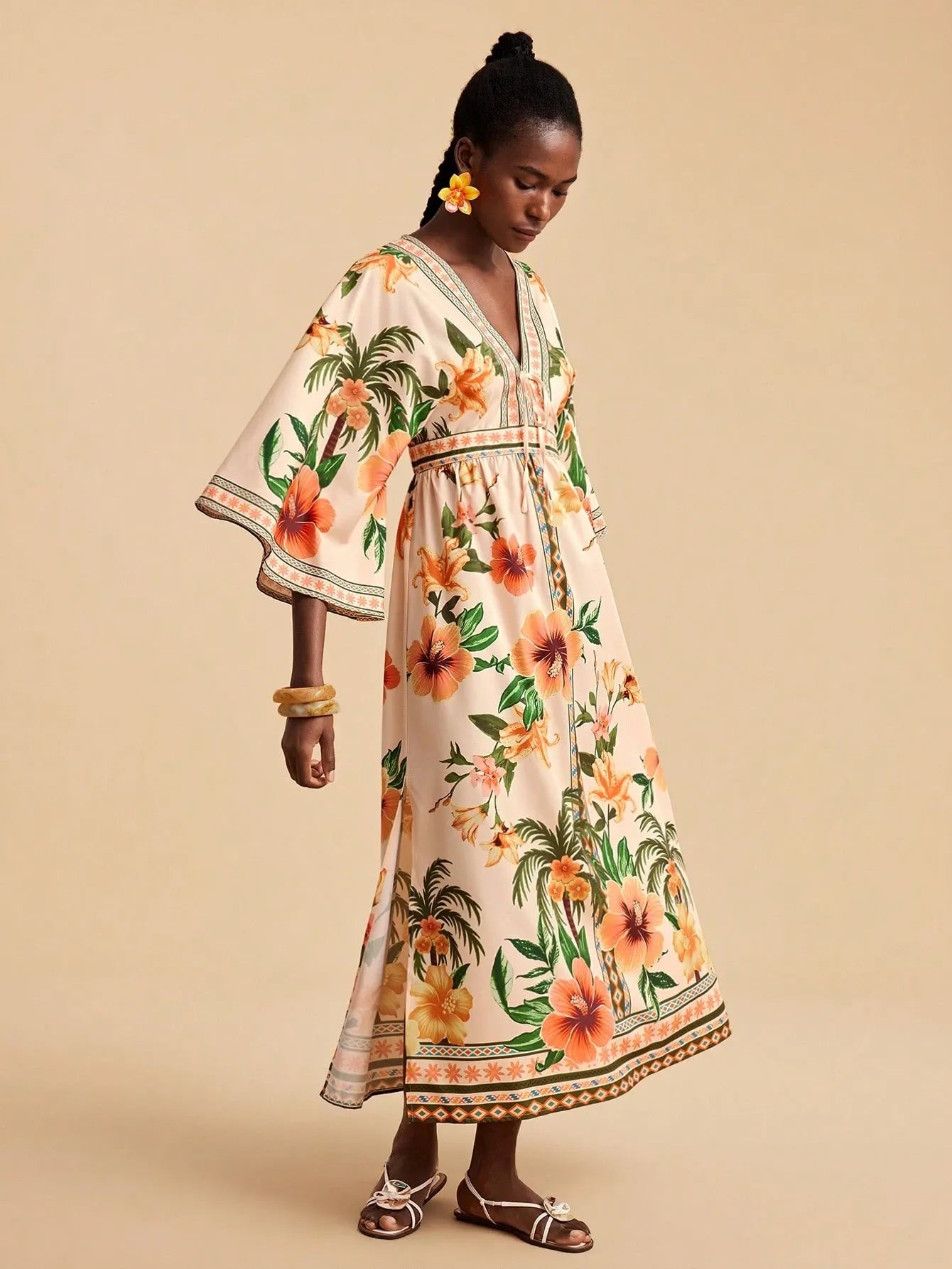 Bohemian Print V-Neck Maxi Dress - orange