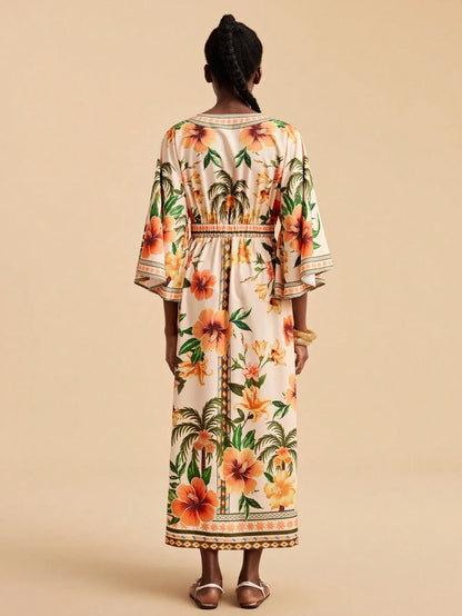 Bohemian Print V-Neck Maxi Dress - orange