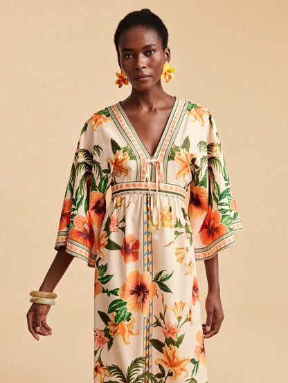 Bohemian Print V-Neck Maxi Dress - orange