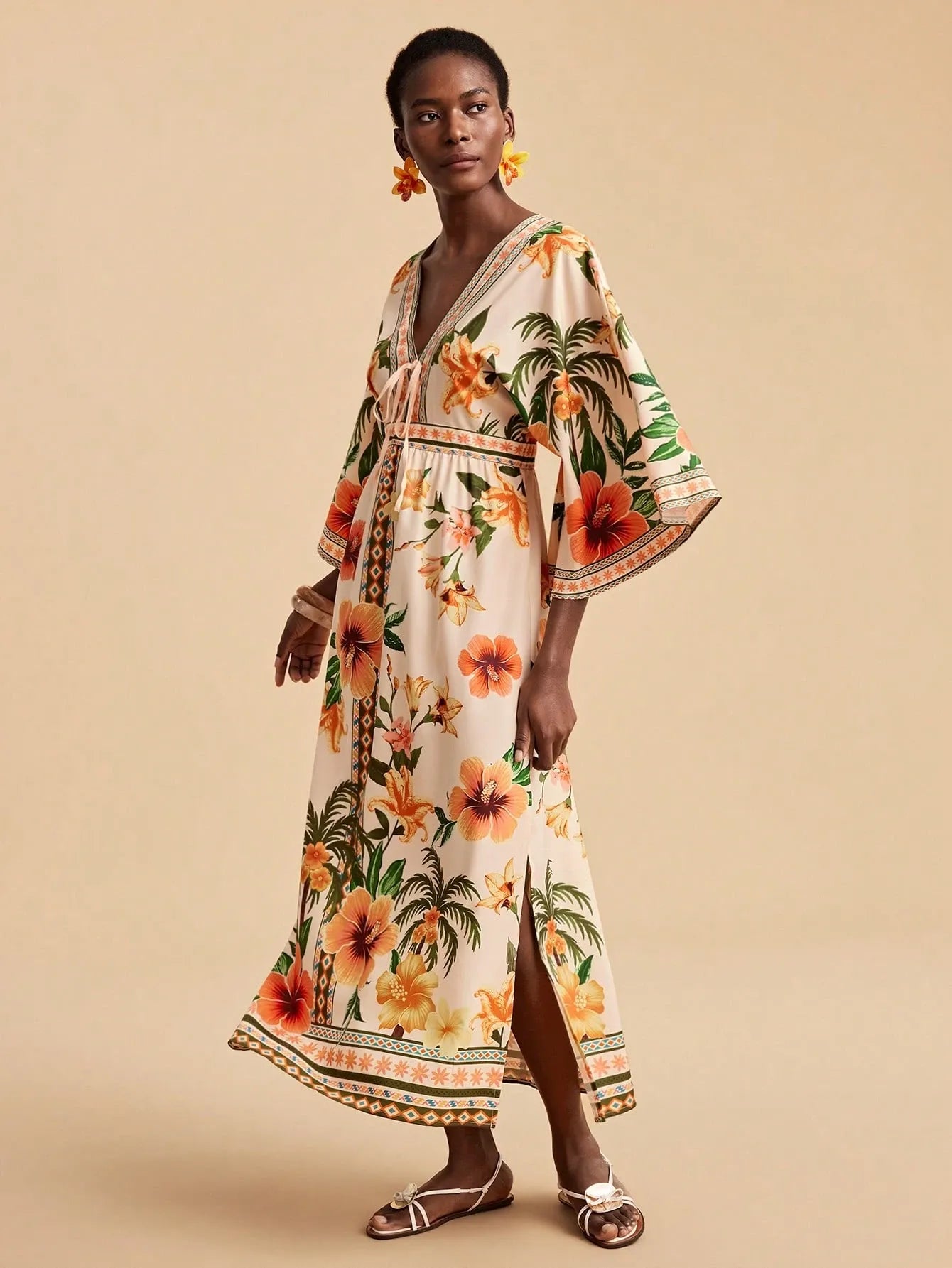 Bohemian Print V-Neck Maxi Dress - orange