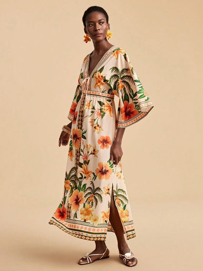 Bohemian Print V-Neck Maxi Dress - orange