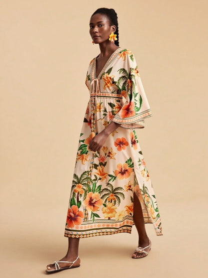 Bohemian Print V-Neck Maxi Dress - orange