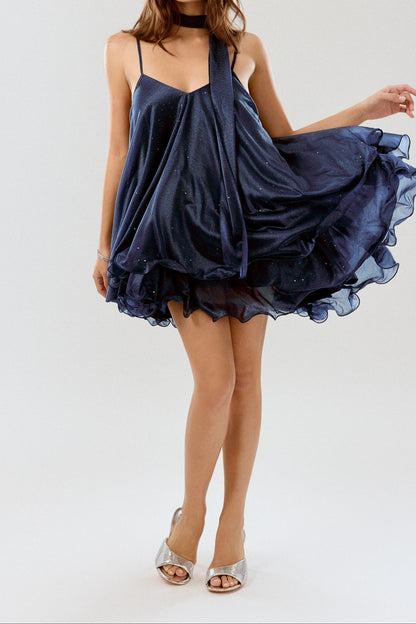 Blue Sequin V-Neck Halter Ruffled Hem Oversized Mini Dress With Scarf