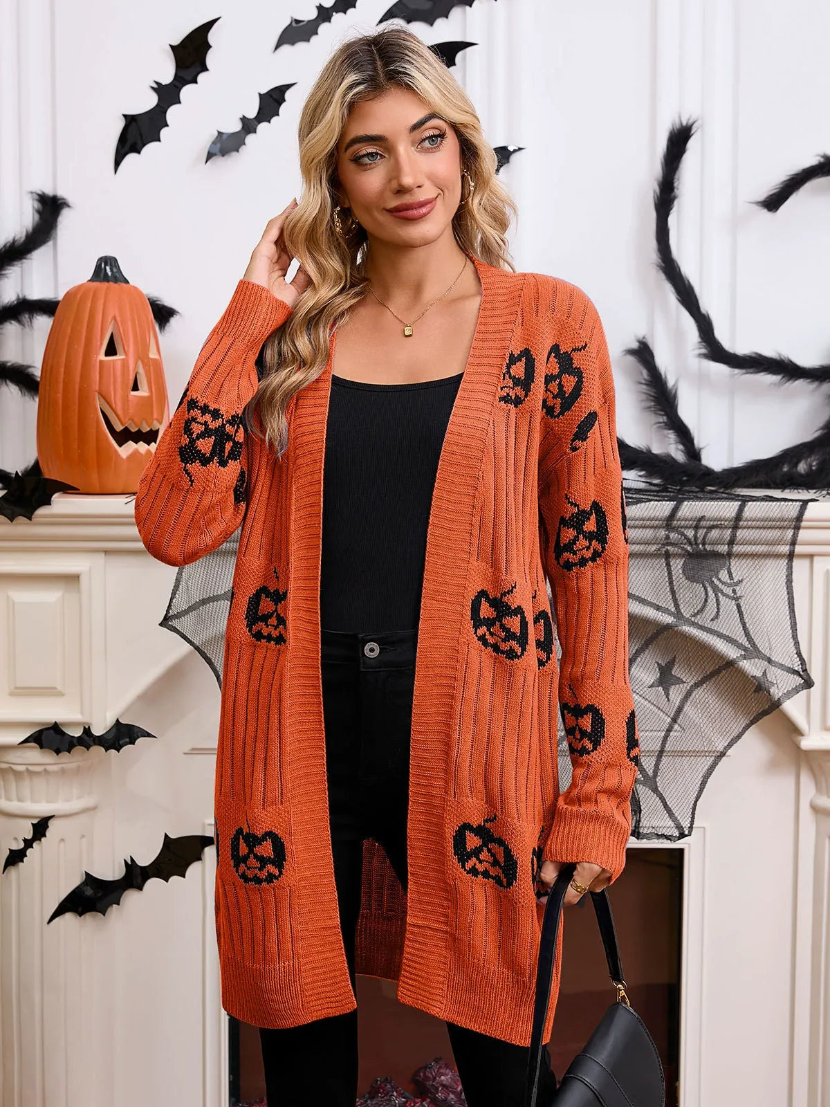 Halloween Pumpkin Knit Long Cardigan - Orange Ribbed Women's Cardigan Premium Fabric - product view 1
