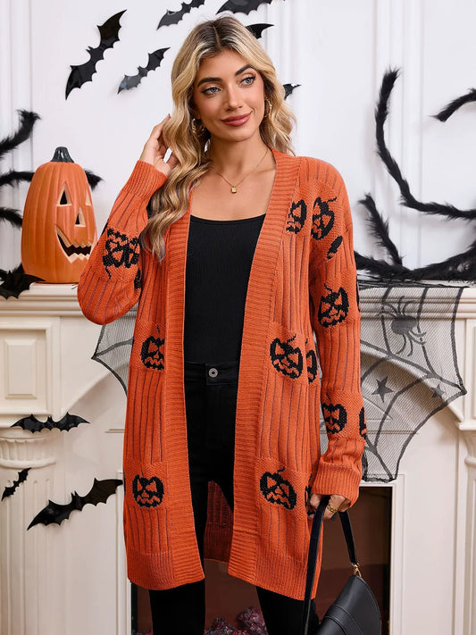 Halloween Pumpkin Knit Long Cardigan - Orange Ribbed Women's Cardigan Premium Fabric - product view 1
