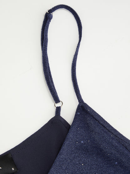Blue Sequin V-Neck Halter Ruffled Hem Oversized Mini Dress With Scarf