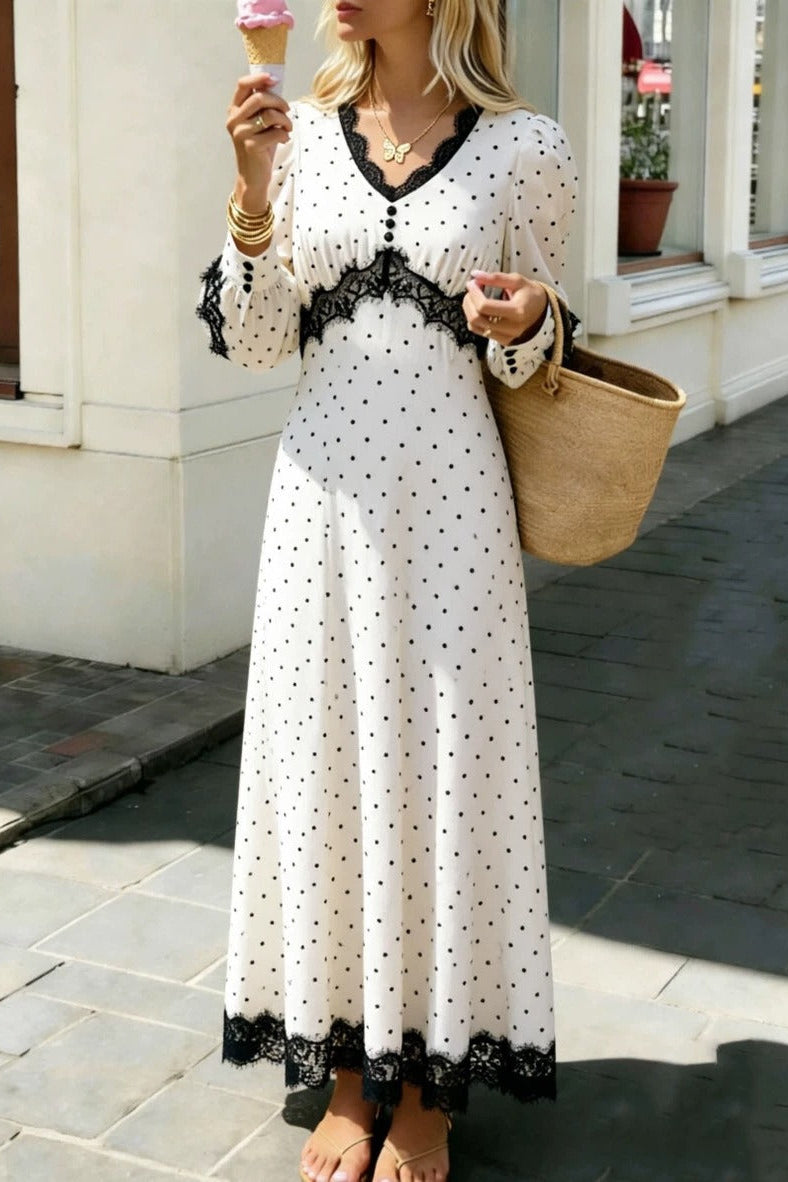 Vintage Polka Dot Lace Trim Maxi Dress Premium Fabric - product view 3